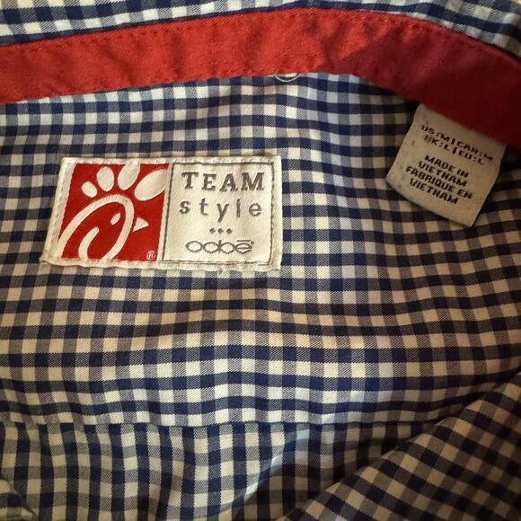 Chick-fil-A Blue White Plaid Oobe Team Style Work Shirt Uniform Top Womens M - Picture 7 of 7